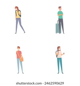 Coronavirus prevention icons set cartoon vector. Tourist in protective face mask. Safe travel