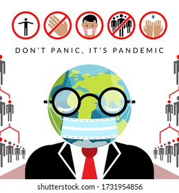 Coronavirus prevention icons set with character with head like a Earth globe weared in face mask and jacket. Dont panic and stay home. Vector illustration.