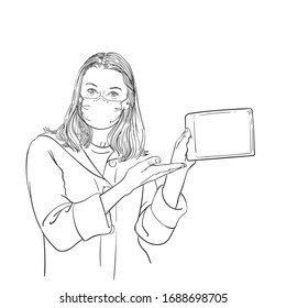 Coronavirus prevention illustration. Sketch of woman wearing medical face mask and showing tablet blank screen, template for information banner, Hand drawn vector