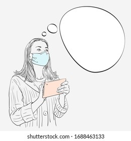 Coronavirus prevention illustration. Woman wearing medical face mask with tablet touching screen and looking up sideways, template for information banner with thought bubble, Hand drawn vector sketch