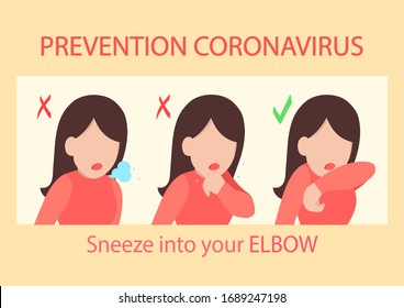Coronavirus Prevention Information Poster. Infographics prevention of viral diseases. Girl sneezes into elbow. Airborne infection