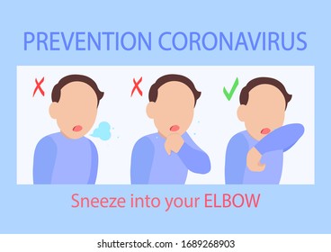 Coronavirus Prevention Information Poster. Infographics prevention of viral diseases. Girl sneezes into elbow. Airborne infection