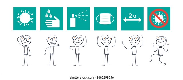 Coronavirus prevention line icons set. Design elements, mask, distance, washing, gloves, hand disinfection. Covid  19 banner.  Vector illustration in flat style.