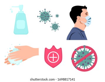 coronavirus prevention, liquid soap, alcohol, antiseptic, washing hands, man in medical face mask, protection, bacteria vector illustration.  