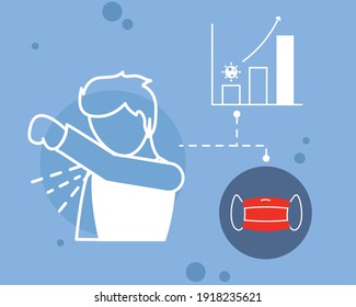 coronavirus prevention man coughing into elbow and mask design of covid 19 virus 2019 ncov cov theme Vector illustration