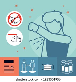 coronavirus prevention man coughing into elbow and icons design of covid 19 virus 2019 ncov cov theme Vector illustration