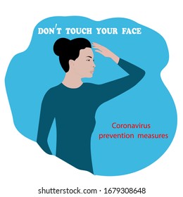 Coronavirus prevention measures. Do not touch your face - woman on a blue background, isolated icon - vector. Pandemic flu.