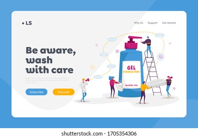 Coronavirus Prevention Measures Landing Page Template. Tiny Characters Wash Hands with Antibacterial Soap, Wear Masks. Doctor with Megaphone Informing People. Stop Covid19. Cartoon Vector Illustration