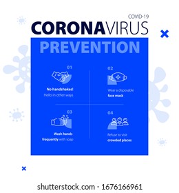 Coronavirus prevention medical blue banner. Covid 19. Medical moderm orientation poster with icons. New virus pandemic. How to protect yourself from coronavirus. Vector concept background