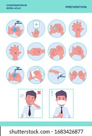 Coronavirus Prevention. Personal hygiene, face mask, disease prevention  and healthcare educational infographic: how to wash your hands properly step by step. Face mask against virus.