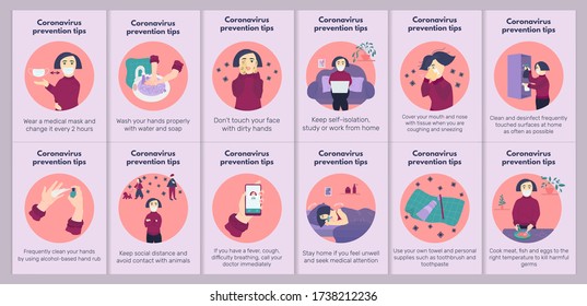 Coronavirus prevention poster set with recommendations or tips and female character. 12 poster templates with girl protect herself from covid. Flat vector illustration for card or vertical web banner