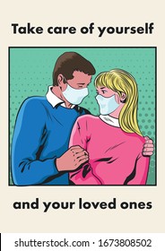 Coronavirus Prevention Propaganda Poster, Couple in Love, Surgical Masks