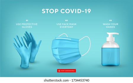 Coronavirus Prevention. Quarantine Concept. Pandemic. Stop Dangerous Virus. Realistic Medical Face Mask, Gloves, Liquid Soap. Vector Illustration For Poster, Banner, Flyer