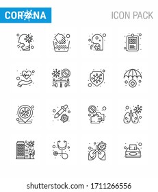 Coronavirus Prevention Set Icons. 16 Line icon such as illness; health; water bowl; clinical record; people viral coronavirus 2019-nov disease Vector Design Elements