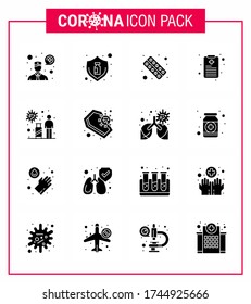 Coronavirus Prevention Set Icons. 16 Solid Glyph Black icon such as infection; patient chart; drugs; health chart; medicine viral coronavirus 2019-nov disease Vector Design Elements