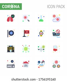 Coronavirus Prevention Set Icons. 16 Flat Color icon such as hospital signboard; virus; lab; transmission; food viral coronavirus 2019-nov disease Vector Design Elements