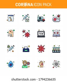 Coronavirus Prevention Set Icons. 16 Flat Color Filled Line icon such as cough; restaurant; car; no; food viral coronavirus 2019-nov disease Vector Design Elements