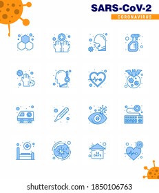 Coronavirus Prevention Set Icons. 16 Blue icon such as bottle; solid; cough; cleaning; sick viral coronavirus 2019-nov disease Vector Design Elements