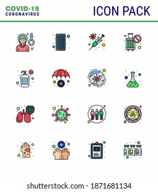 Coronavirus Prevention Set Icons. 16 Flat Color Filled Line icon such as bottle; no travel; pill; cancel; virus viral coronavirus 2019-nov disease Vector Design Elements