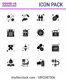 Coronavirus Prevention Set Icons. 16 Solid Glyph Black icon such as online; communication; wash; chat; touch viral coronavirus 2019-nov disease Vector Design Elements
