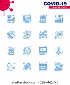 Coronavirus Prevention Set Icons. 16 Blue icon such as call; transportation; clinical record; medical; ambulance viral coronavirus 2019-nov disease Vector Design Elements