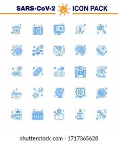 Coronavirus Prevention Set Icons. 25 Blue icon such as bacteria; interfac; flu; glass; bottle viral coronavirus 2019-nov disease Vector Design Elements