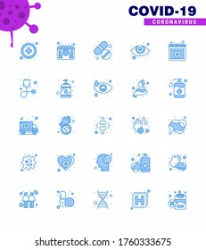Coronavirus Prevention Set Icons. 25 Blue icon such as diagnosis; online; pill; medical; eyesight viral coronavirus 2019-nov disease Vector Design Elements