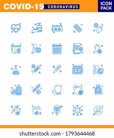 Coronavirus Prevention Set Icons. 25 Blue icon such as tablet; health; bottle; form; drugs viral coronavirus 2019-nov disease Vector Design Elements
