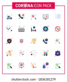 Coronavirus Prevention Set Icons. 25 Flat Color icon such as record; scan; call; screening; scan viral coronavirus 2019-nov disease Vector Design Elements