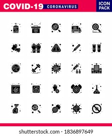 Coronavirus Prevention Set Icons. 25 Solid Glyph icon such as corona; transport; bacteria; hospital; ambulance viral coronavirus 2019-nov disease Vector Design Elements