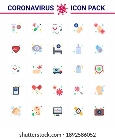 Coronavirus Prevention Set Icons. 25 Flat Color icon such as dirty; washing; virus; medical; stethoscope viral coronavirus 2019-nov disease Vector Design Elements