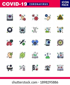 Coronavirus Prevention Set Icons. 25 Flat Color Filled Line icon such as error; medical; hands; hands; covid viral coronavirus 2019-nov disease Vector Design Elements