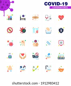 Coronavirus Prevention Set Icons. 25 Flat Color icon such as pulse; beat; aid; stethoscope; hospital viral coronavirus 2019-nov disease Vector Design Elements