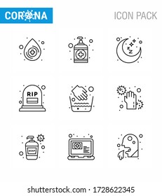 Coronavirus Prevention Set Icons. 9 Line icon such as  medical; hands; night; rip; grave viral coronavirus 2019-nov disease Vector Design Elements
