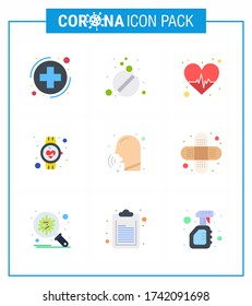 Coronavirus Prevention Set Icons. 9 Flat Color icon such as  diseases; pulse; beat; medical; beat viral coronavirus 2019-nov disease Vector Design Elements
