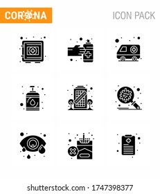 Coronavirus Prevention Set Icons. 9 Solid Glyph Black icon such as  building; hand; spray; disease; transport viral coronavirus 2019-nov disease Vector Design Elements