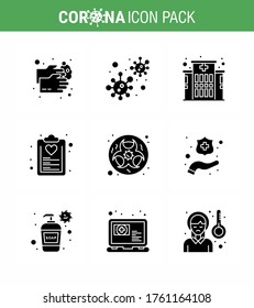Coronavirus Prevention Set Icons. 9 Solid Glyph Black icon such as  plan; healthcare; infection; diet; hospital viral coronavirus 2019-nov disease Vector Design Elements