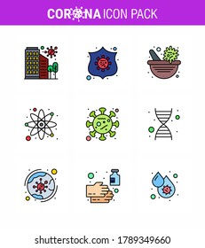 Coronavirus Prevention Set Icons. 9 Filled Line Flat Color icon such as research; laboratory; shield; atom; pharmacy bowl viral coronavirus 2019-nov disease Vector Design Elements