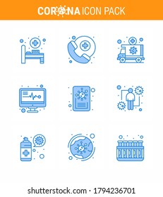 Coronavirus Prevention Set Icons. 9 Blue icon such as coronavirus; report; medical; news; medical monitor viral coronavirus 2019-nov disease Vector Design Elements