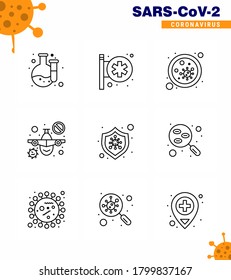 Coronavirus Prevention Set Icons. 9 Line icon such as  protection; warning; blood; travel; plane viral coronavirus 2019-nov disease Vector Design Elements