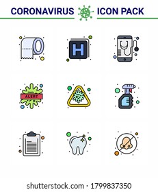 Coronavirus Prevention Set Icons. 9 Filled Line Flat Color icon such as alert; disease; healthcare; bacteria; alert viral coronavirus 2019-nov disease Vector Design Elements