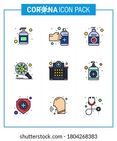 Coronavirus Prevention Set Icons. 9 Filled Line Flat Color icon such as building; security; cream; protection; bacteria viral coronavirus 2019-nov disease Vector Design Elements