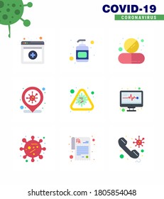 Coronavirus Prevention Set Icons. 9 Flat Color icon such as  disease; alert; medicine; infection place; coronavirus viral coronavirus 2019-nov disease Vector Design Elements