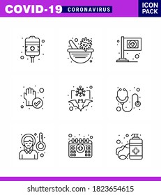 Coronavirus Prevention Set Icons. 9 Line icon such as  coronavirus; bat; assistance; cleaned; protect viral coronavirus 2019-nov disease Vector Design Elements