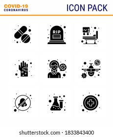 Coronavirus Prevention Set Icons. 9 Solid Glyph Black icon such as  head; hygiene; hospital bed; hand; dirty viral coronavirus 2019-nov disease Vector Design Elements
