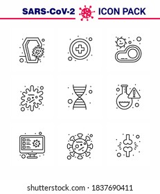 Coronavirus Prevention Set Icons. 9 Line icon such as  dna; epidemic; bacteria; disease; virus viral coronavirus 2019-nov disease Vector Design Elements