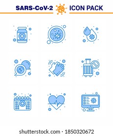 Coronavirus Prevention Set Icons. 9 Blue icon such as medical; platelets; germs; fever; blood virus viral coronavirus 2019-nov disease Vector Design Elements
