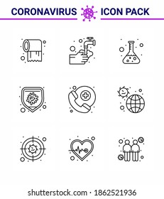 Coronavirus Prevention Set Icons. 9 Line icon such as  doctor on call; disease; bubble; bacteria; test viral coronavirus 2019-nov disease Vector Design Elements
