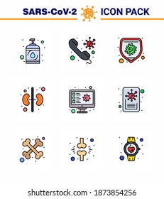Coronavirus Prevention Set Icons. 9 Filled Line Flat Color icon such as screening; organ; call; kidney; virus viral coronavirus 2019-nov disease Vector Design Elements