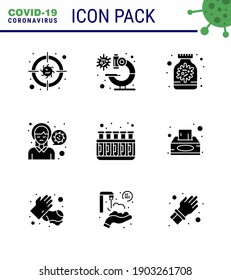 Coronavirus Prevention Set Icons. 9 Solid Glyph Black icon such as  chemistry; sick; antivirus; pain; head viral coronavirus 2019-nov disease Vector Design Elements